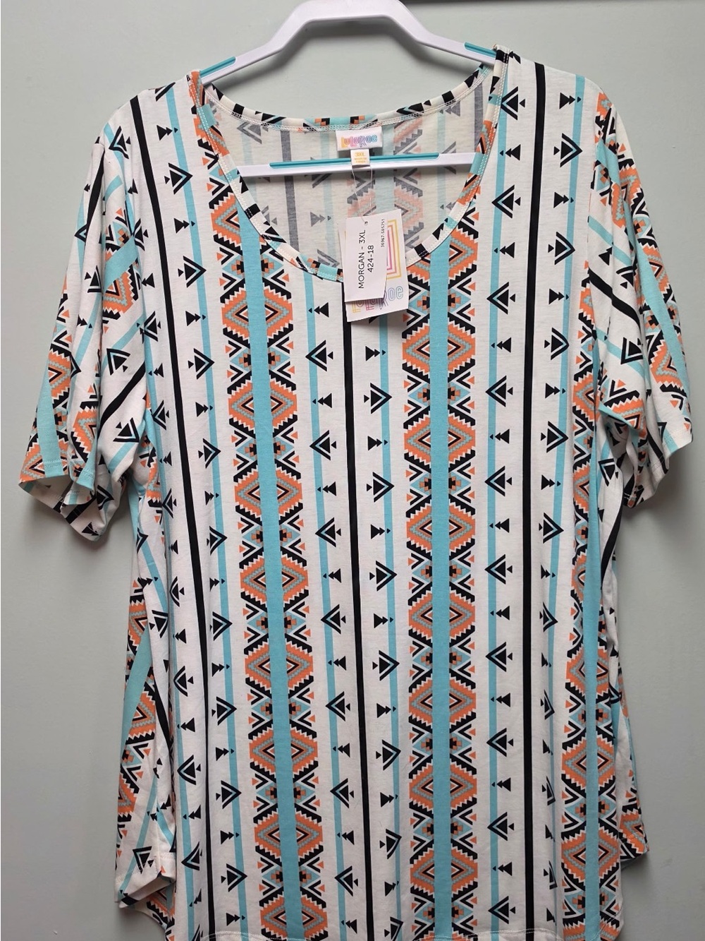 LuLaRoe Short Sleeve Aztec Stripe Top - White, Teal & Coral